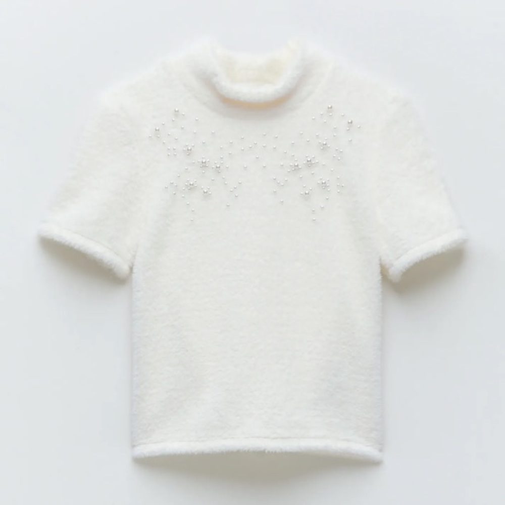 NWT Zara Pearl Trim Faux Fur Top, Oyster White, Size: Large